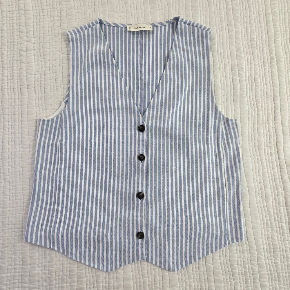 Everlane Blue White Striped Linen Blend Vest Waistcoat Size 6 EUC Preppy Coastal